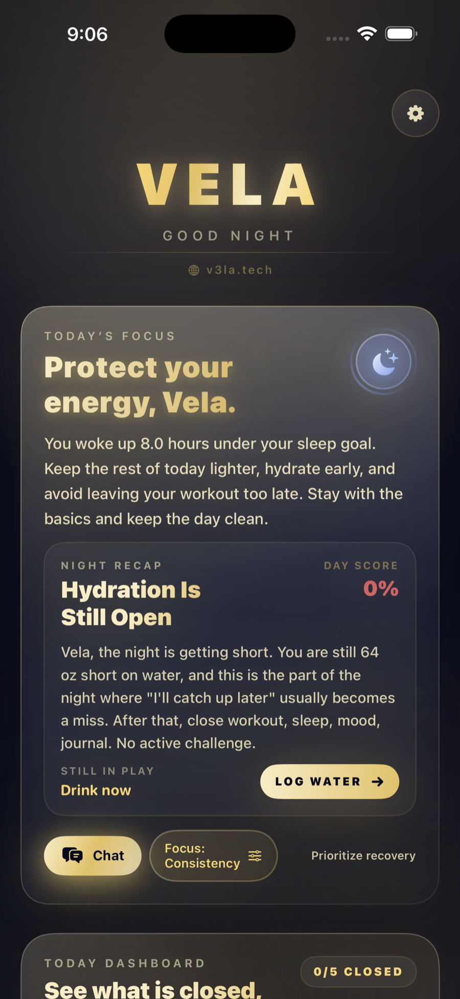 The Vela app home screen, showing tonight's circadian focus and hydration status
