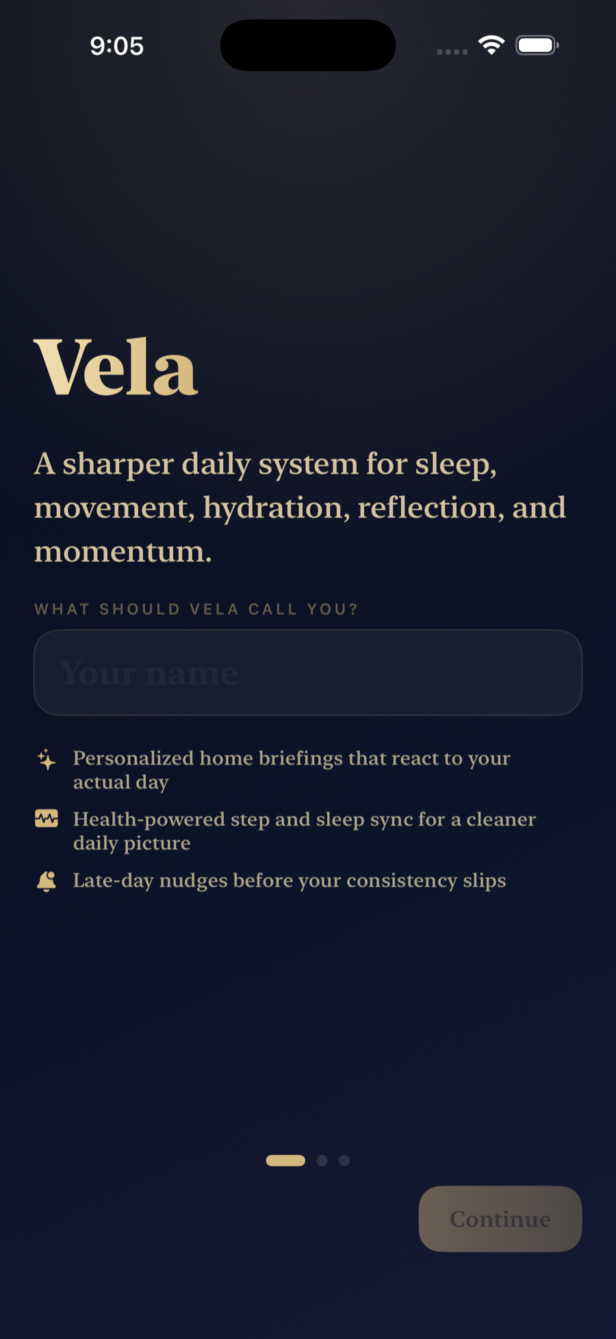 Vela onboarding screen